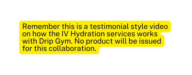 Remember this is a testimonial style video on how the IV Hydration services works with Drip Gym No product will be issued for this collaboration